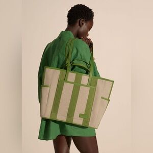 NEW & OTHER STORIES ANTHROPOLOGIE GREEN LARGE LEATHER TRIMMED CANVAS TOTE